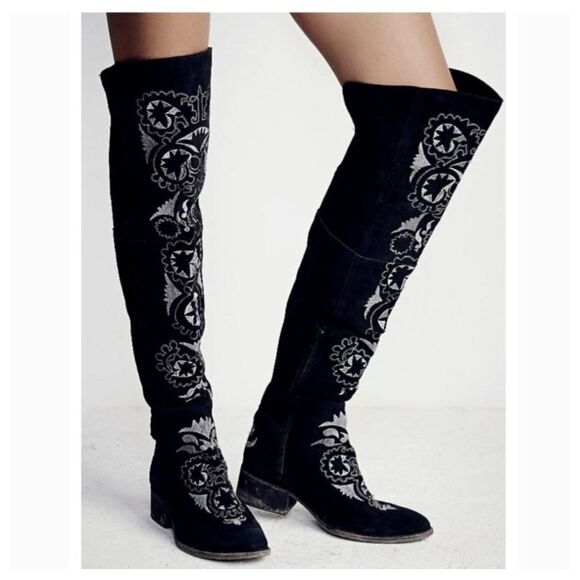 Free People Shoes - Free People High Noon Black Suede Embroidered Over Knee Boots Sz 39